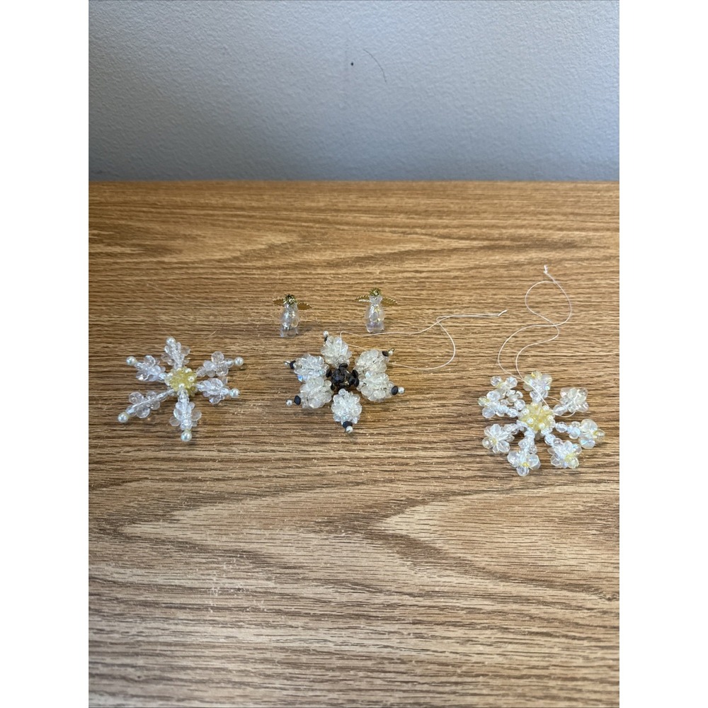 Lot of 5 Vintage Handmade Beaded Christmas‎ Ornaments Snowflakes And Angels